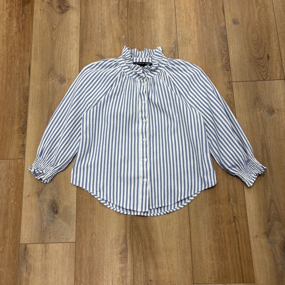 🌟VERONICA BEARD🌟 JEANS CALISTO STRIPED SEERSUCKER BLOUSE BLUE / WHITE M - Picture 3 of 10
